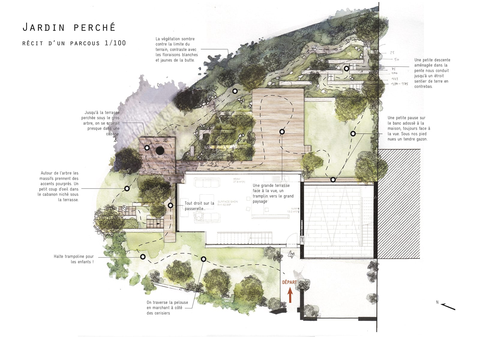Plan Esquisse Jardin pente perché pillotis terrasse muret soutainement ®hermelinecarpentier